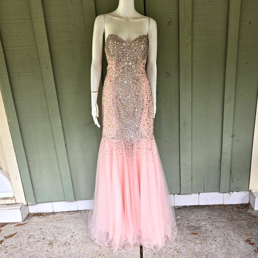 Glamour TERANI Couture Strapless Pink Rhinestone Mermaid Gown Evening Dress 6